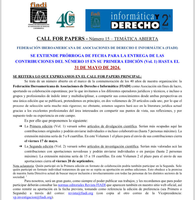 Prórroga CALL FOR PAPERS – Número 15 – TEMÁTICA ABIERTA